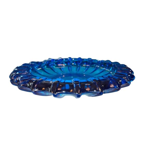 Unmarked VTG MCM Cobalt Blue Art Glass Heavy Scalloped Round Ashtray 10"D READ - Picture 3 of 8